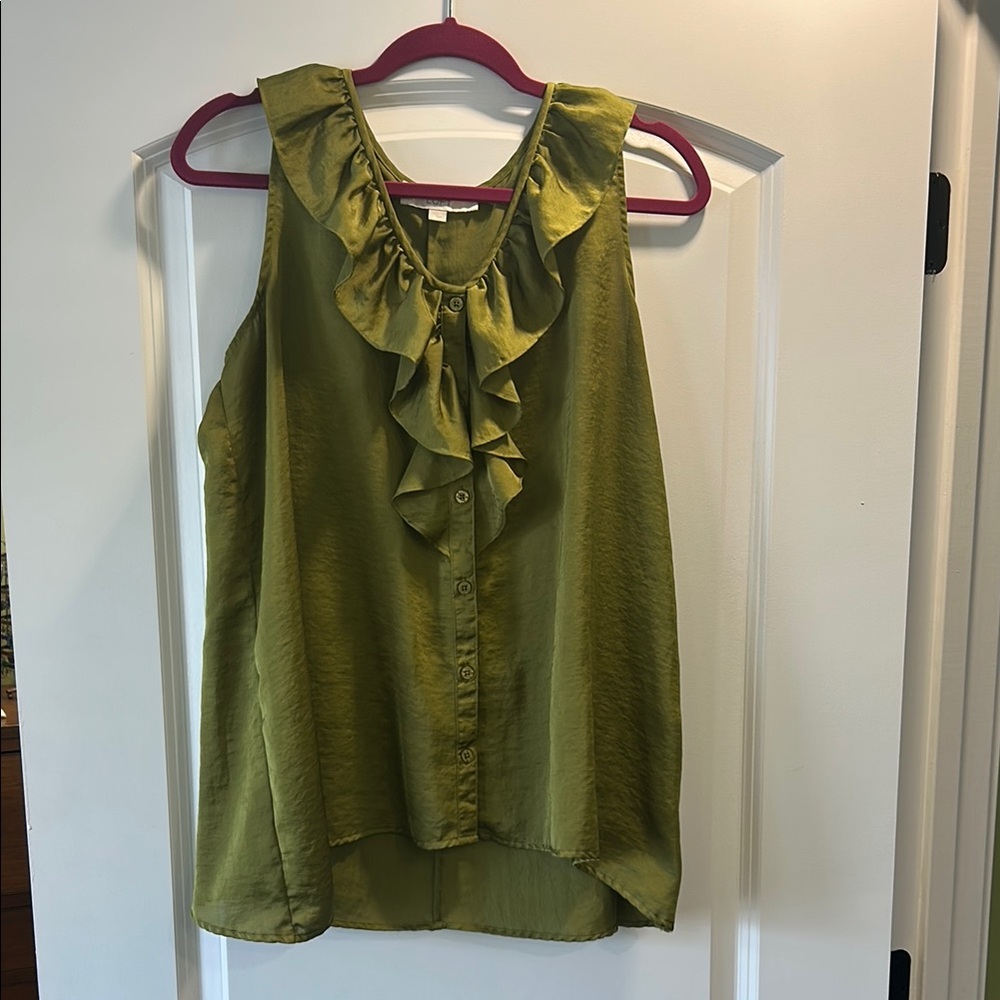 LOFT Green Sleeveless Ruffled Tank Top